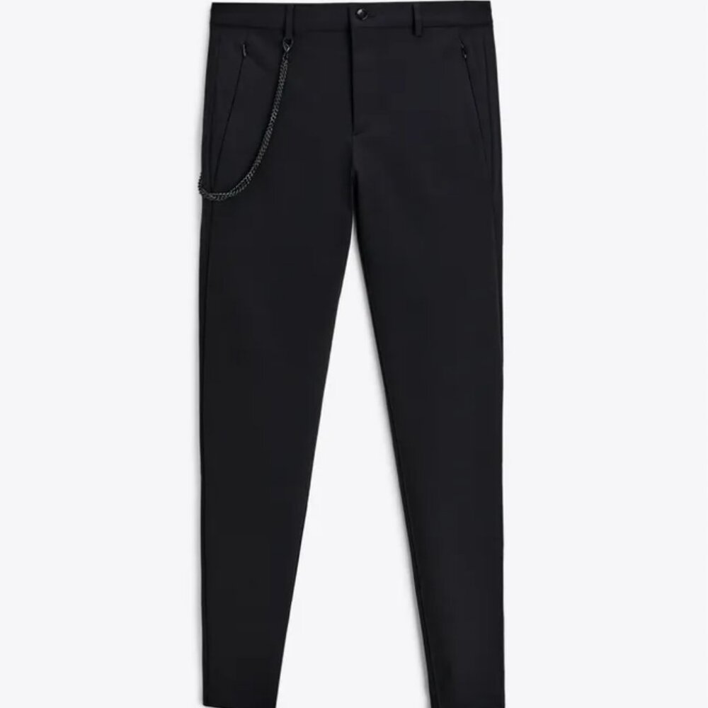 ZARA Men's Chain Super Skinny Pant 31 Black Trouser 4 Way Stretch Zippers Dressy